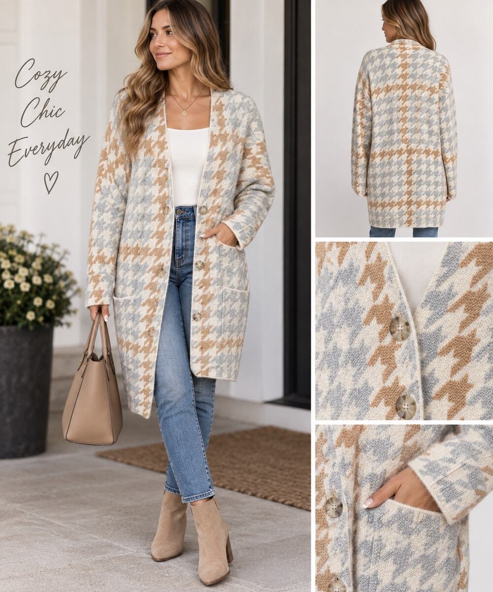 LOFT Houndstooth Long Cardigan XL Oversized Button Front Cotton Sweater Coat